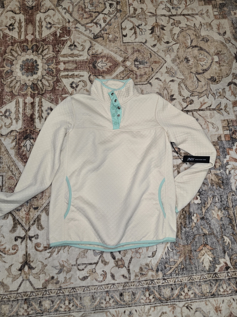 Jones New York Cream Quilted Pullover with Mint Trim